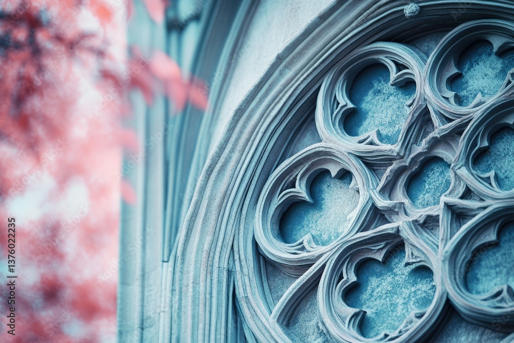 Aufkleber close-up of ornate stone window with intricate patterns and soft pink blossoms in the background, cr