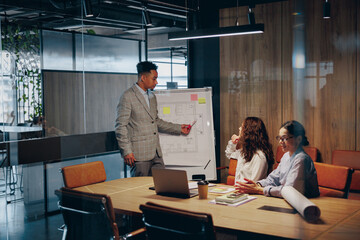 A diverse group engaging in meaningful discussions about strategy within a bright, modern office space
