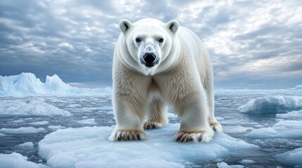 Fototapeta na wymiar Polar bear on ice floe in Arctic Ocean surrounded by melting glaciers under a cloudy sky