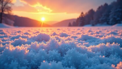 Fototapeta premium Sunrise illuminates frosty field, ice crystals sparkle, sparkle, calm, frosty