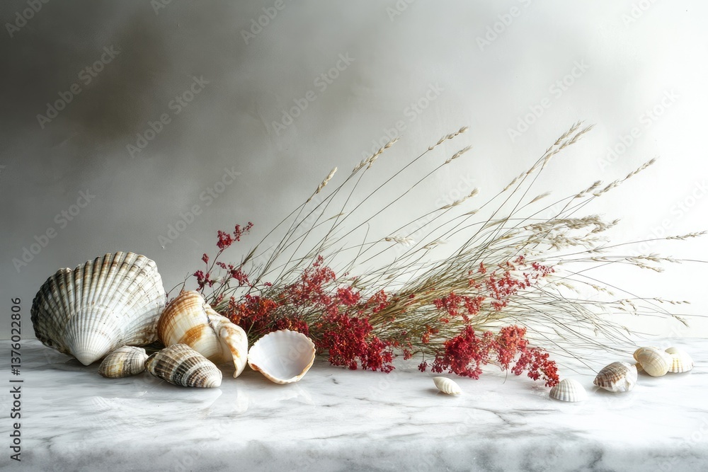 Poster seashells and dried flowers on a marble surface create a serene and natural composition against a so