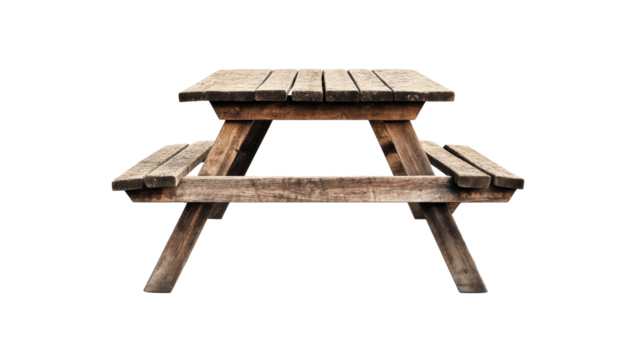 Wooden picnic table isolated on black background, cut out transparent