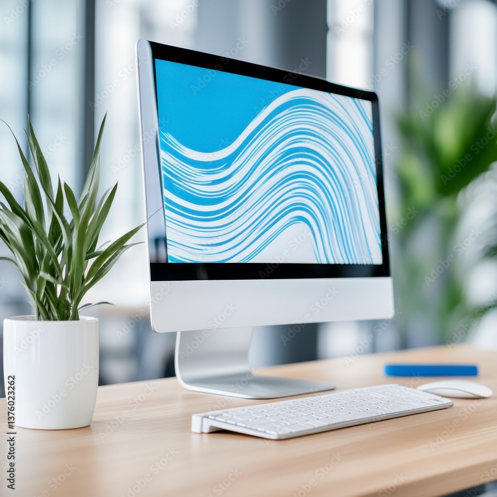 Poster modern workspace with a computer displaying an abstract blue wave design, a keyboard, mouse, and a s