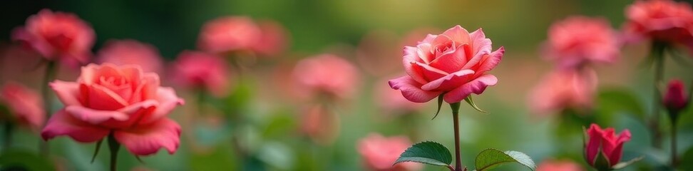 Tiny one nestled in rose garden, vibrant blooms , shot, pink