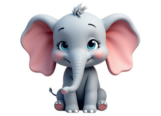 Cute Baby Elephant Cartoon with Transparent Background. Blue Eyes.