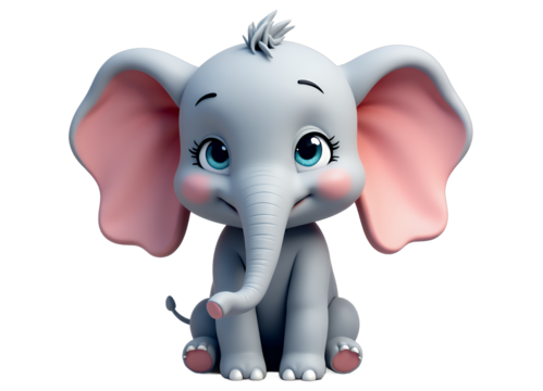Cute Baby Elephant Cartoon with Transparent Background. Blue Eyes. - Powered by Adobe