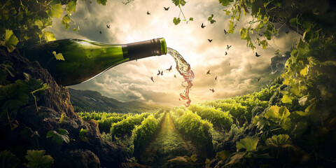 A creative concept of a wine bottle pouring liquid that transforms into a flowing vineyard, blending reality and fantasy.