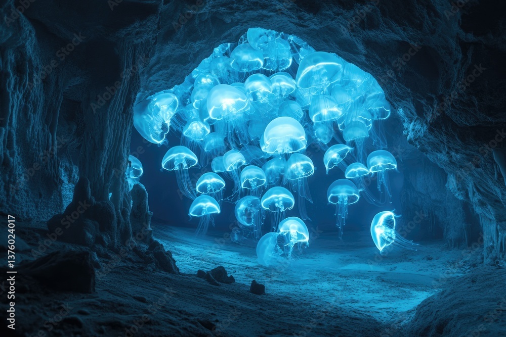 Poster a breathtaking underwater scene featuring a mesmerizing aggregation of luminescent jellyfish floatin