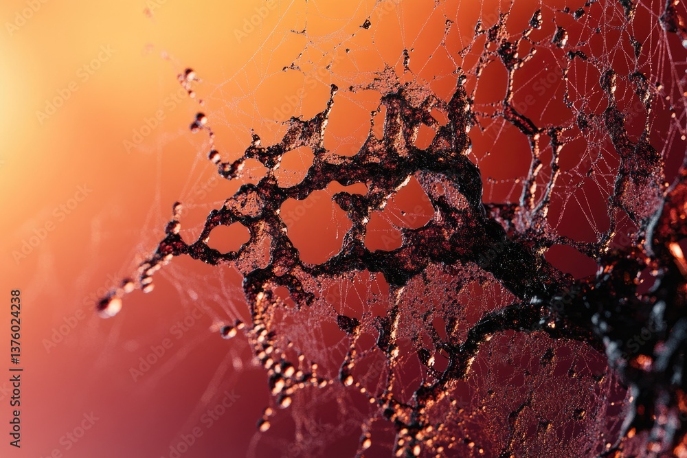Poster a spiderweb glistens with dew drops, illuminated by a warm, hazy sunlight, creating a delicate, intr