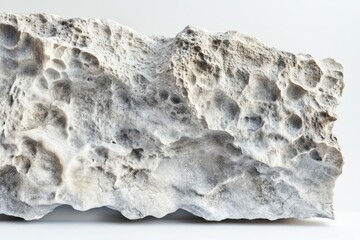 Fototapeta premium Close-up of a weathered, porous, gray and white rock formation, resembling lunar surface, against a plain background.