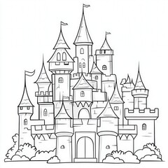 Obraz premium Majestic fairytale castle with towering spires and detailed architecture in black and white line art.