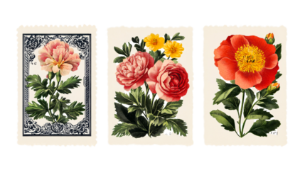 Vintage flower illustrations, botanical art on stamps, floral collection, cut out transparent