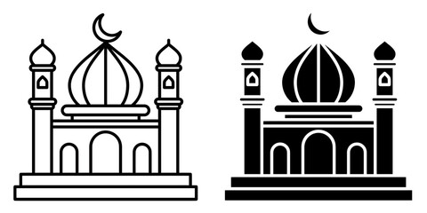 モスク 編集可能なストロークのアウトラインとソリッドアイコンは、白い背景のフラットベクターイラスト、黒のアウトライン、ピクセルパーフェクトに分離されています