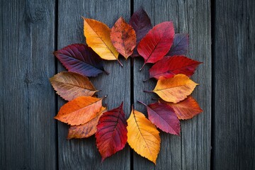 A vibrant circle of colorful autumn leaves arranged on rustic, weathered wooden planks.
