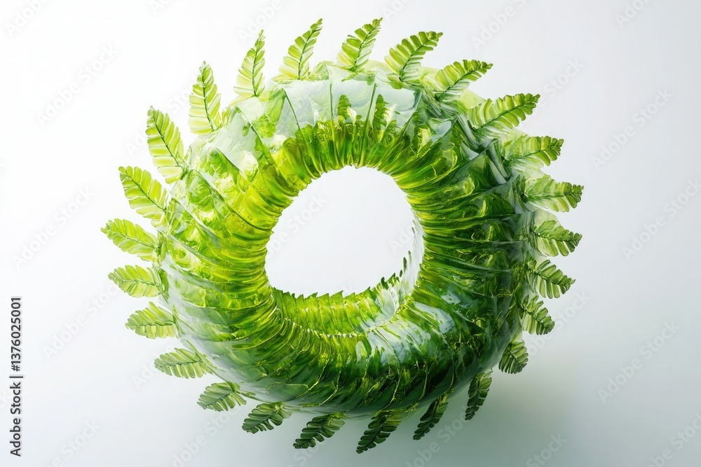Poster a circular wreath-like sculpture of bright green leaves creating a unique and refreshing botanical a
