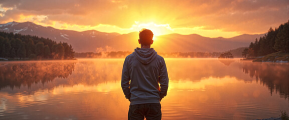 Serene Sunrise Man Contemplating at Peaceful Lake with Mountain View