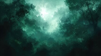 Fototapeta premium Dark moody forest illustration with varying shades of green and heavy fog, creating an atmospheric background