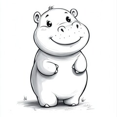 Fototapeta premium Adorable cartoon hippo standing with a cheerful smile in black and white sketch style.
