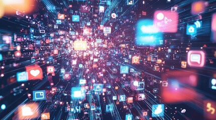 A futuristic AI-driven world where social media paper cubes represent the evolution of digital communication.