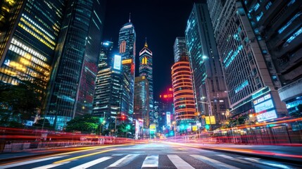 Night cityscape with tall skyscrapers, illuminated buildings, blurred light trails from moving vehicles, and a crosswalk.