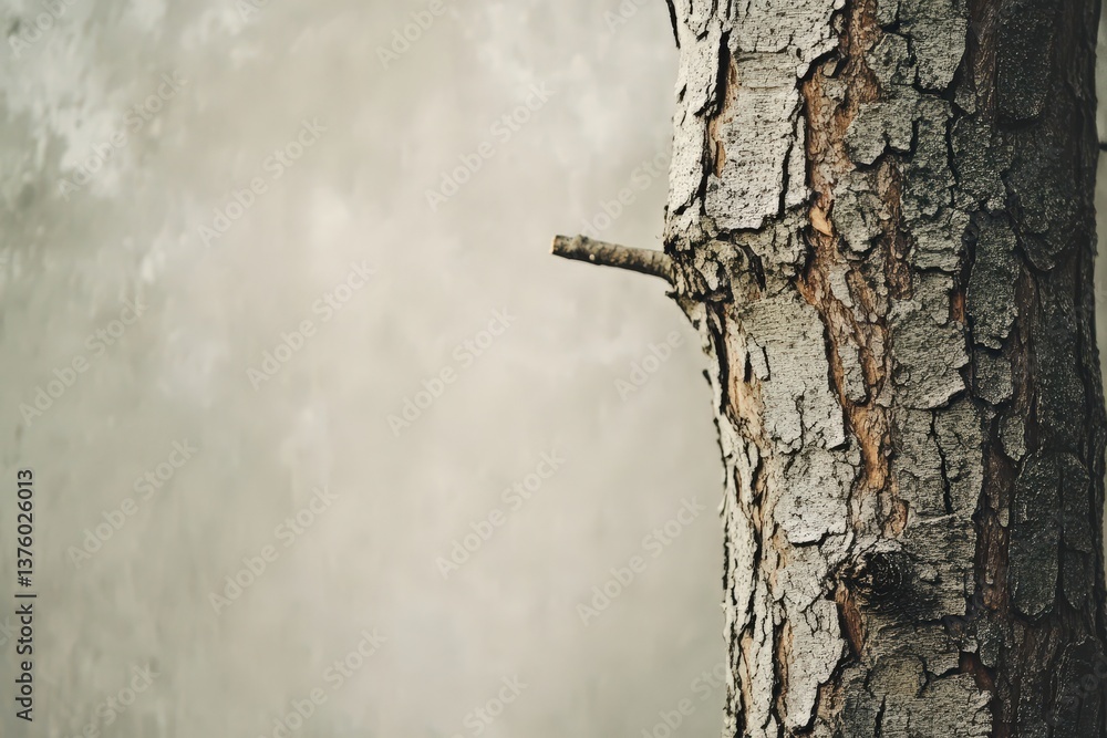 Poster a textured tree trunk with branch against a blurry background