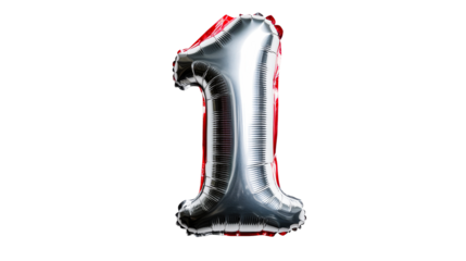 Number one balloon, shiny silver and red foil, cut out transparent