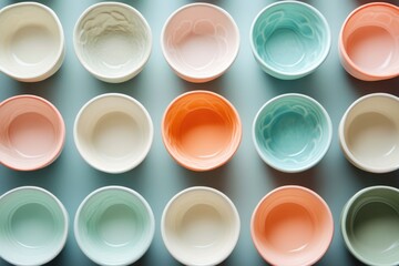 A top-down view showcasing rows of pastel-colored ceramic bowls arranged neatly against a muted blue background, displaying kitchenware and aesthetic composition.