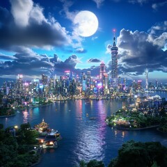 Fototapeta premium Night cityscape with skyscrapers, illuminated buildings, a full moon, and calm water reflecting city lights. Dark clouds add drama to the scene.