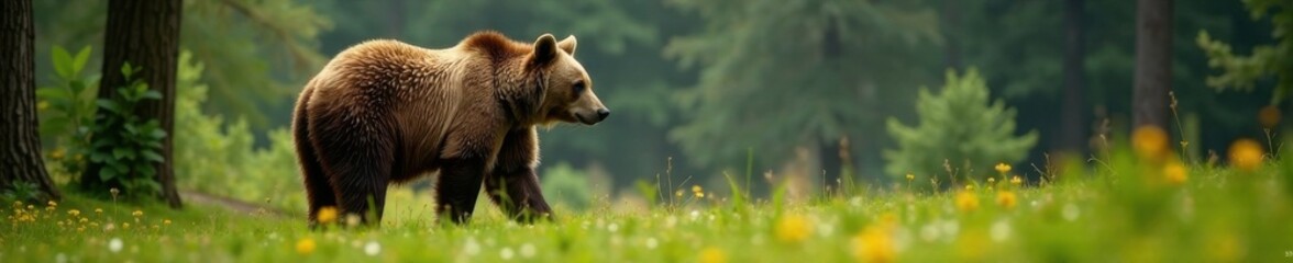 Fototapeta premium Brown bear standing on forest ground with paws spread wide, brown bear, forest, fur
