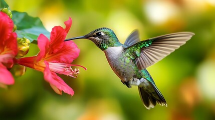 Fototapeta premium Hummingbird in Mid-Flight Sipping Nectar from Red Flower with Iridescent Green and Purple Feathers
