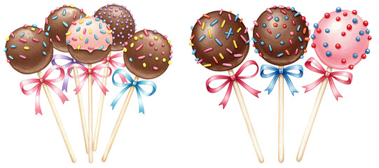 Colorful chocolate cake pops with sprinkles and ribbons on sticks, watercolour clipart illustration isolated on a transparent background
