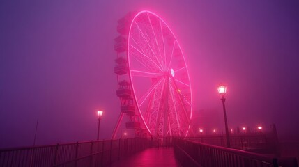Ferris Wheel Lit Up in Fog with Warm Pink Hue and Ethereal Mood for Dreamy and Atmospheric Photography