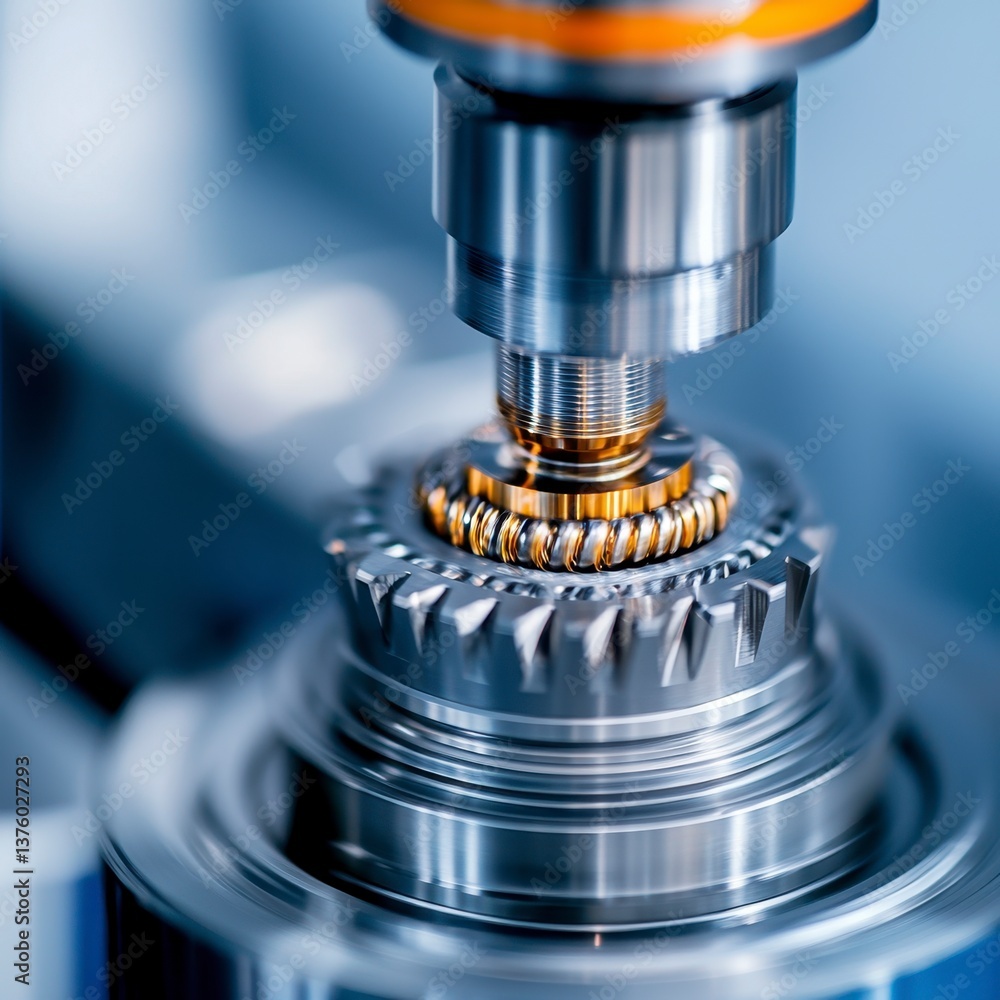 Poster close up of precision machining process, showcasing metallic gear component undergoing automated fab