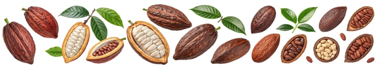 Variety of cacao pods with green leaves and exposed cocoa beans in different stages of ripeness and cross-sections cut out isolated Transparent PNG Elements