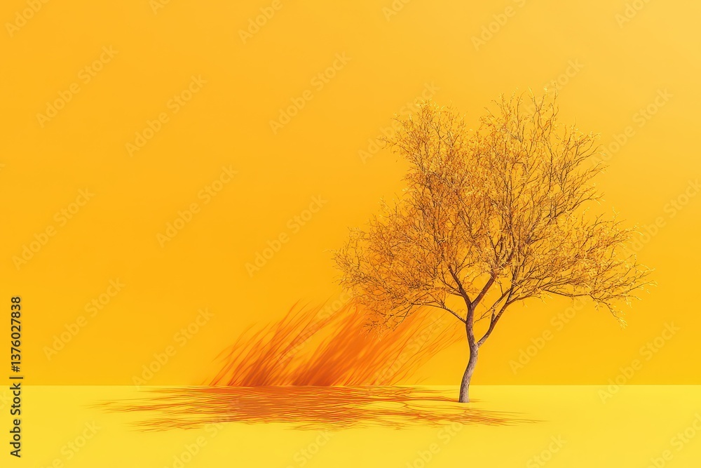 Poster a single tree with shadows cast against an illuminated yellow surface