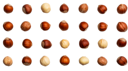 Hazelnut assortment on black background, top view, cut out transparent