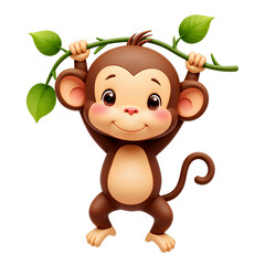 Cute Cartoon Monkey Hanging from Branch, Transparent Background.