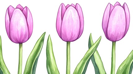 Fototapeta premium Watercolor Pink Tulips Floral Spring Border Illustration