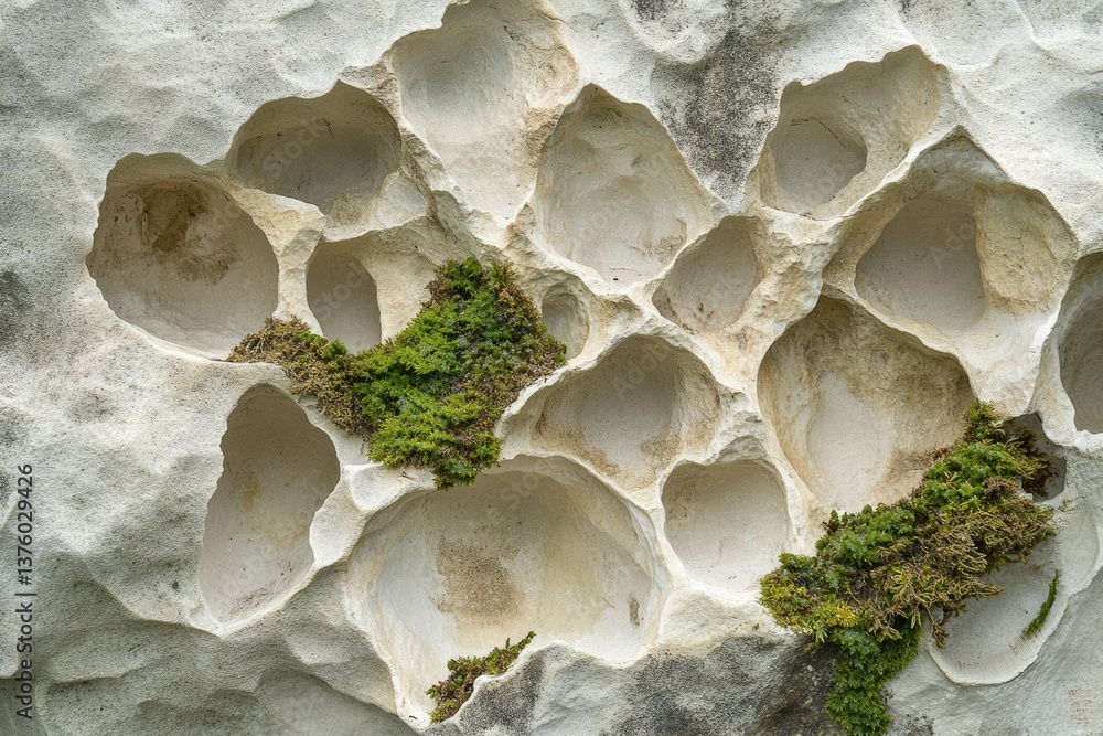 Poster eroded limestone rock formations displaying intricate patterns and textures, with vibrant green moss