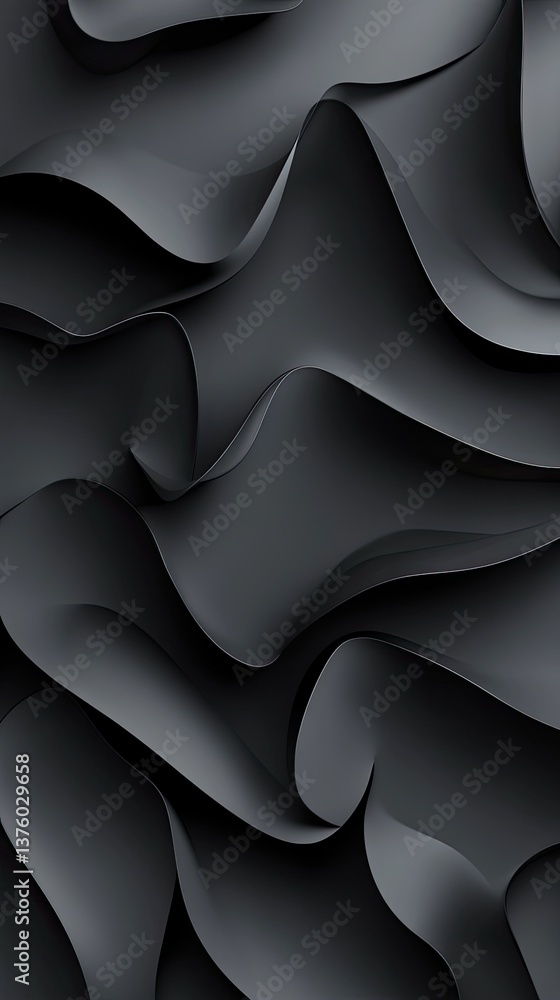 Poster intricate black abstract shapes arranged on a deep black background in a hyper realistic 3d design c