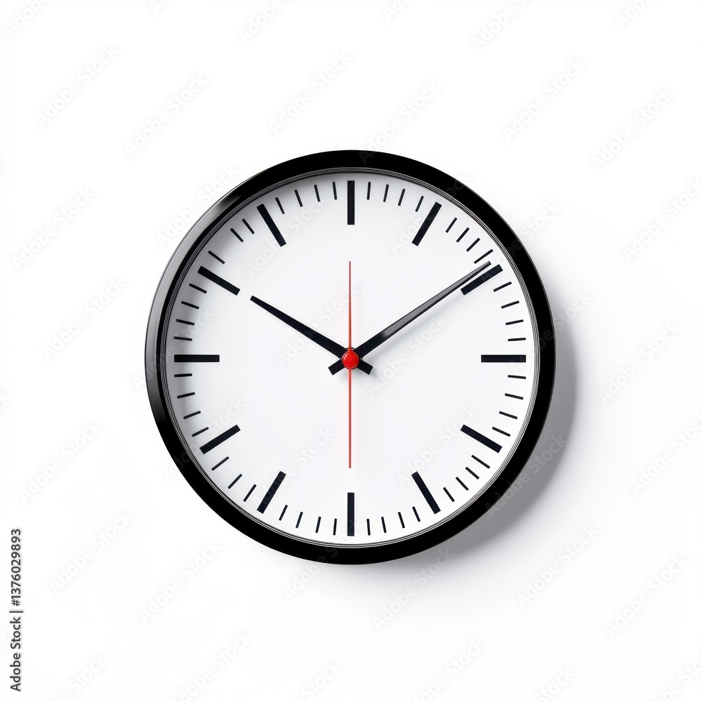 Poster simple black and white analog clock on a white background, showcasing minimalist design and precise 