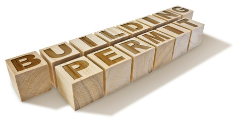 BUILDING PERMIT CONCEPT IN BUILDINGS ACTIVITY AND CONSTRUCTION INDUSTRY with text written on wooden...