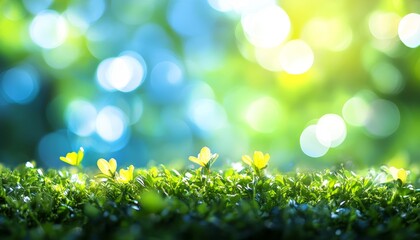 Obraz premium Vibrant Green Grass Field, Yellow Wildflowers, Bokeh Background, Spring Sunlight, Nature Landscape