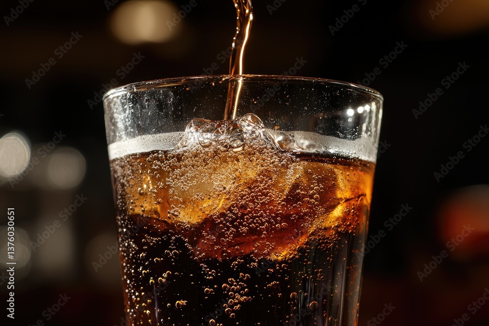 Poster a refreshing cola drink being poured into a glass filled with ice, creating bubbles and a visually a