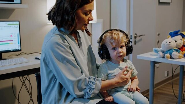 Audiologist conducts a pediatric hearing test on a toddler, using headphones and visual cues in a clinical setting, with medical equipment and toys present