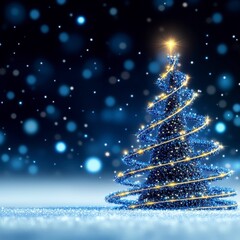 A sparkling blue Christmas tree adorned with golden lights rests on a snowy landscape against a dark blue bokeh background. The tree is decorated in a spiral pattern of lights.