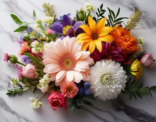  Bunch of flowers on white marble table, colorful flower bouquet