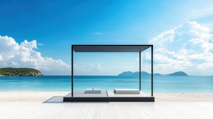 Fototapeta premium A stylish summer display stand with a sleek design, placed on a beach with distant islands and blue waters.