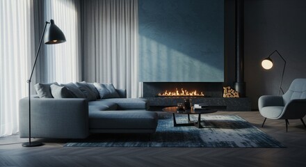 Modern Gray Sofa and Fireplace in Blue Living Room