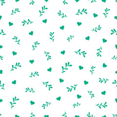 Minimal style plants and hearts texture repeatable design. Vector big seamless pattern with on white background. Can be used for textile print, wrapping papers, wallpapers or for website.